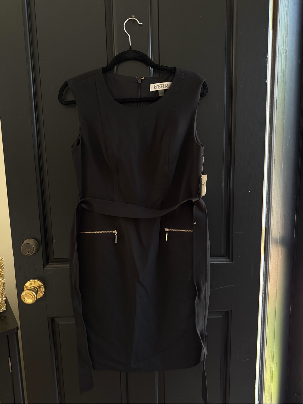 Kasper Black Sleeveless Sheath Dress with Gold Zip Pockets